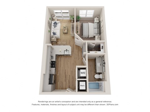 Floor plan for 1 bed, 1 bath, 615 sqft